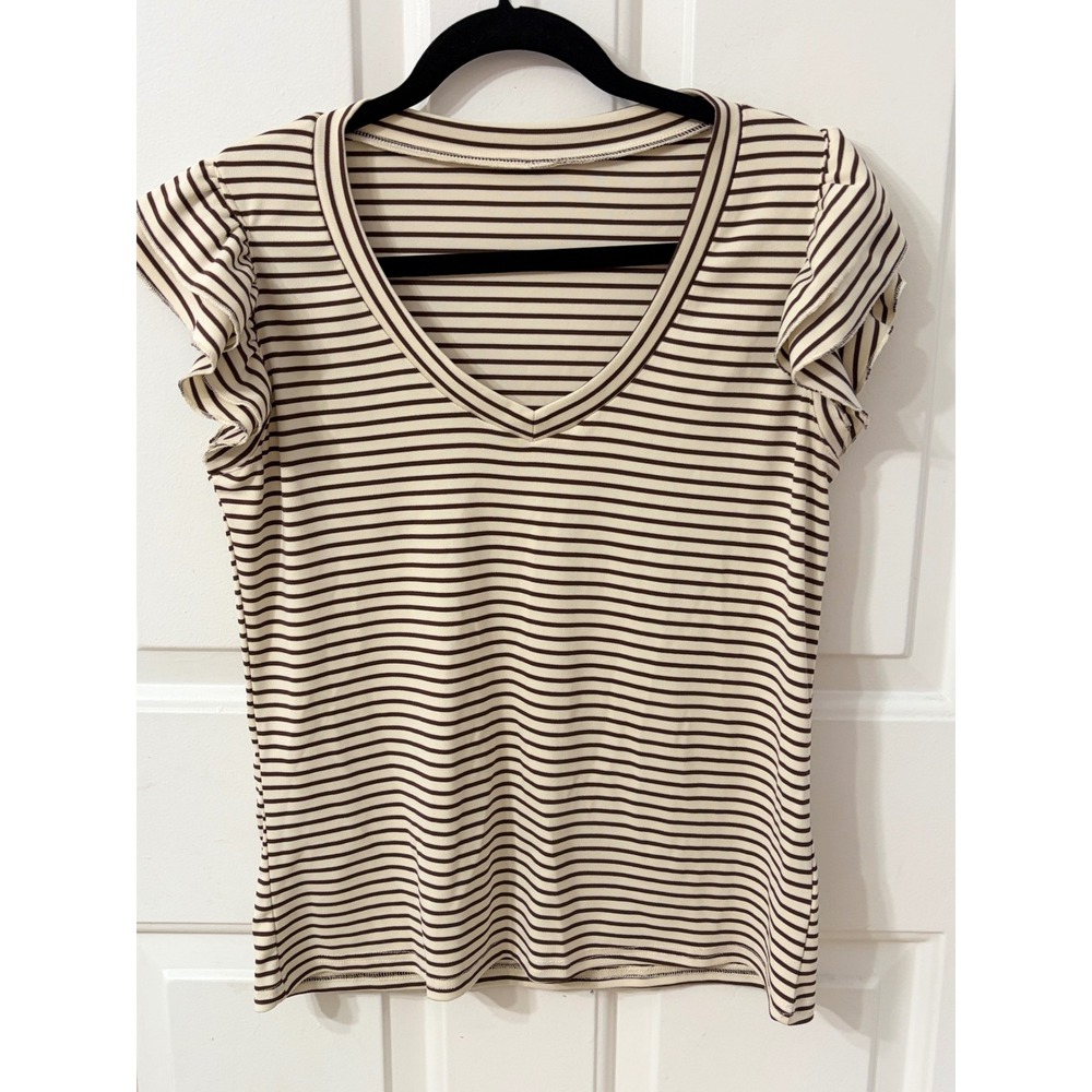 Flutter Sleeve Ribbed Striped V-Neck Top | Small || Brown/Cream|